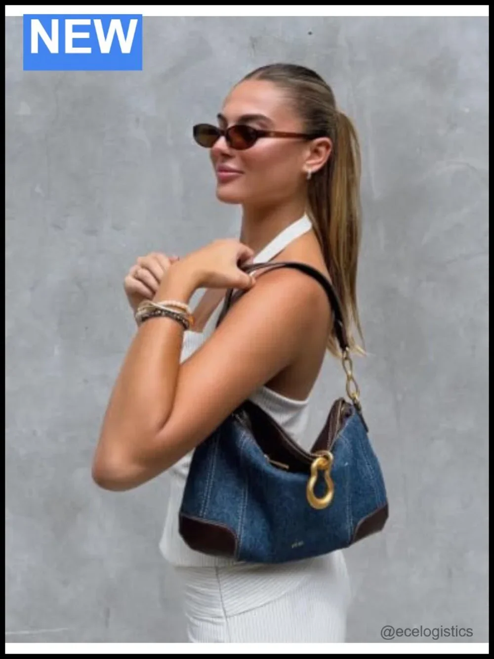 Washed Denim Hobo Shoulder Bag with Gold Hardware, Pendant Embellished, Handbag